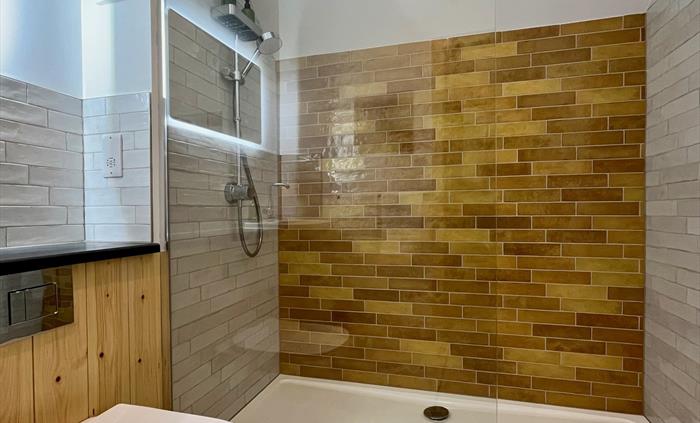 The shower room features a large walk in shower